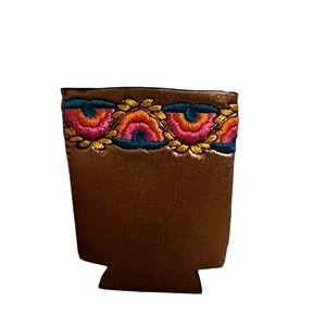 Natural Life Metallic Bronze Can Cooler Embroidered Floral Trim Boho Koozie